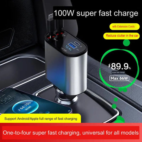 100W 4 IN 1 Retractable Car Charger USB Type C & iPhone Cigarette Lighter Adapter