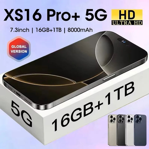 16GB+1TB Smartphone 7.3 inch XS16 Pro+ Full Screen 4G 5G Cell Phone 8000mAh