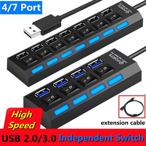 4 or 7 Ports USB HUB 2.0 3.0 High Speed USB Splitter Expander Multi-Port Independent Switch for PC Laptop Mac Windows
