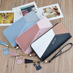 Geometric Patchwork PU Leather Women Long Zipper Wrist Purses Clutch Wallet Phone Holder