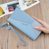Geometric Patchwork PU Leather Women Long Zipper Wrist Purses Clutch Wallet Phone Holder