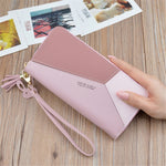 Geometric Patchwork PU Leather Women Long Zipper Wrist Purses Clutch Wallet Phone Holder