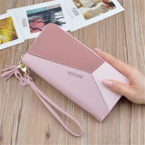 Geometric Patchwork PU Leather Women Long Zipper Wrist Purses Clutch Wallet Phone Holder